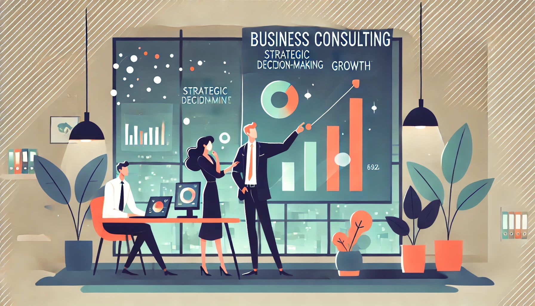 Illustration of business team collaborating on strategic decision-making and growth consulting with data visualizations