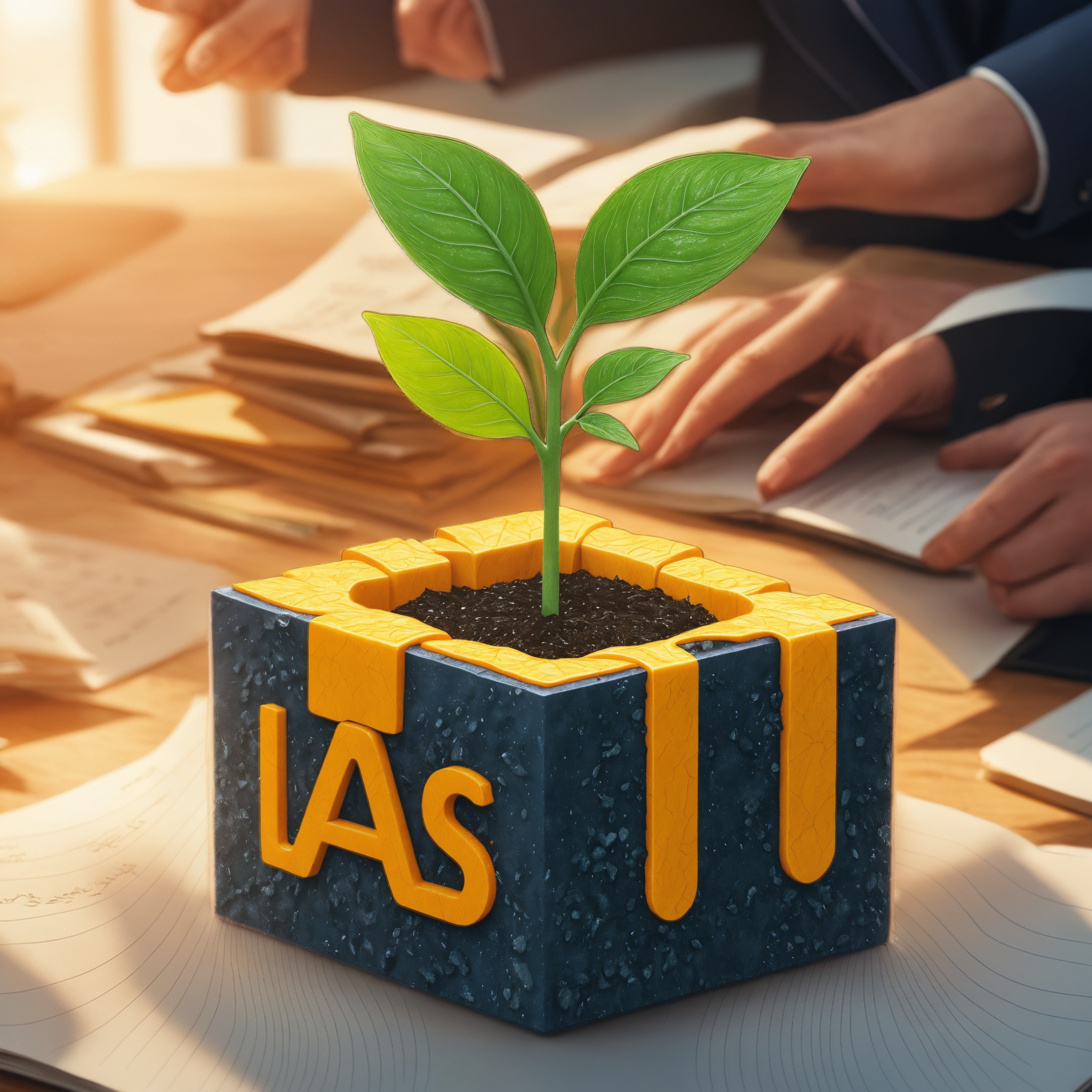 3D render of a plant sprout growing from soil in an IAS cube, symbolizing sustainable financial growth strategies