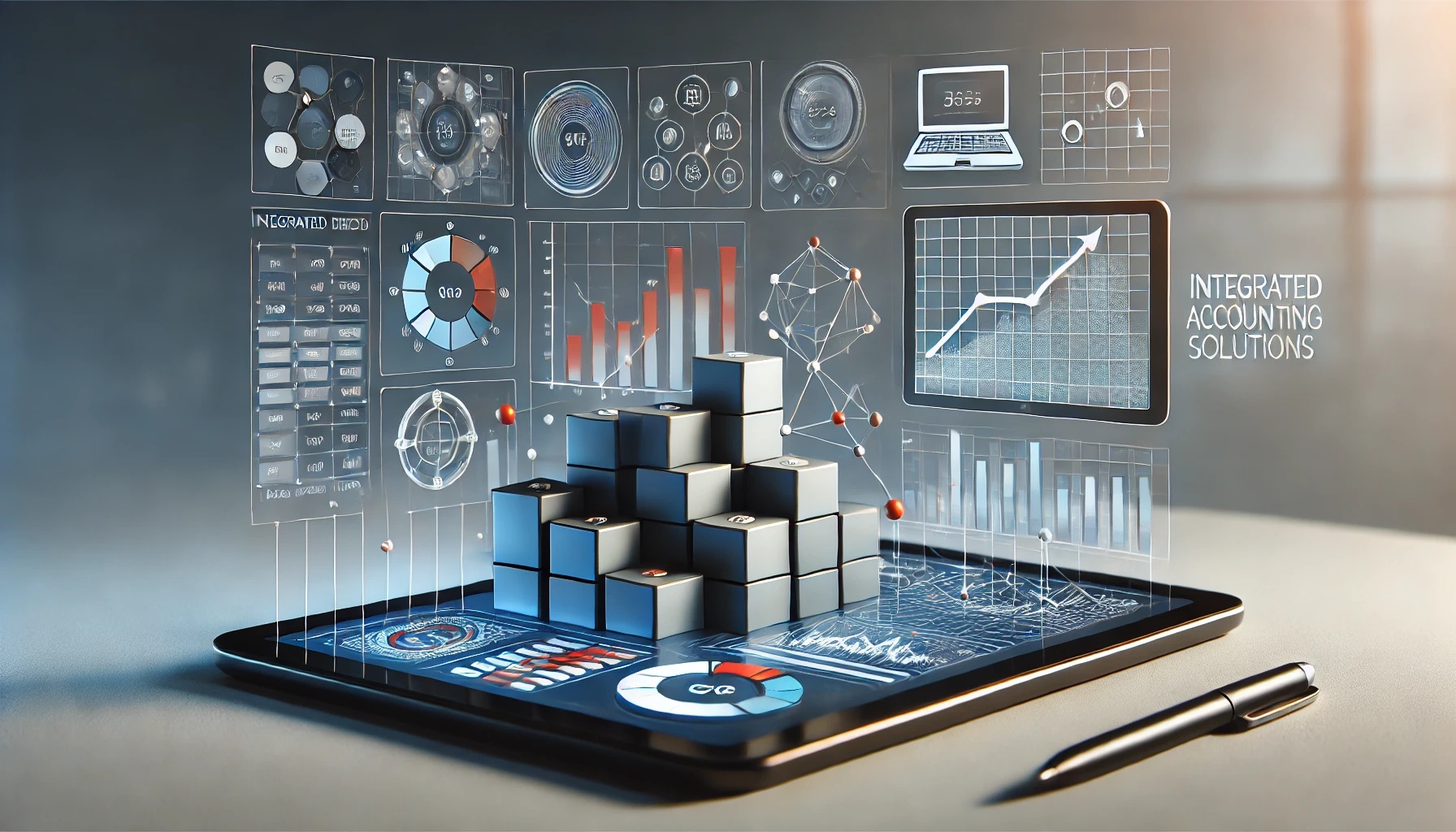 Tablet displaying accounting data, charts, and graphs for integrated financial solutions