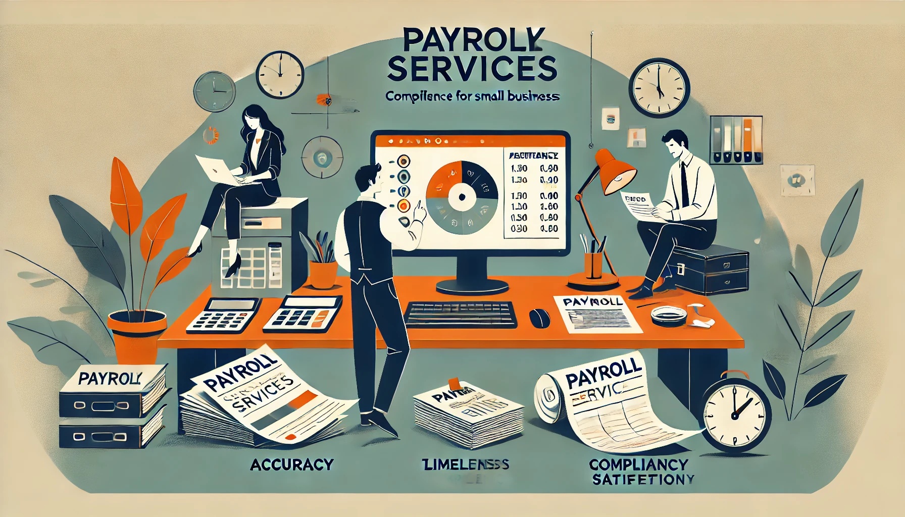 Illustration of payroll services for small businesses, showing accuracy, timeliness and compliance satisfaction